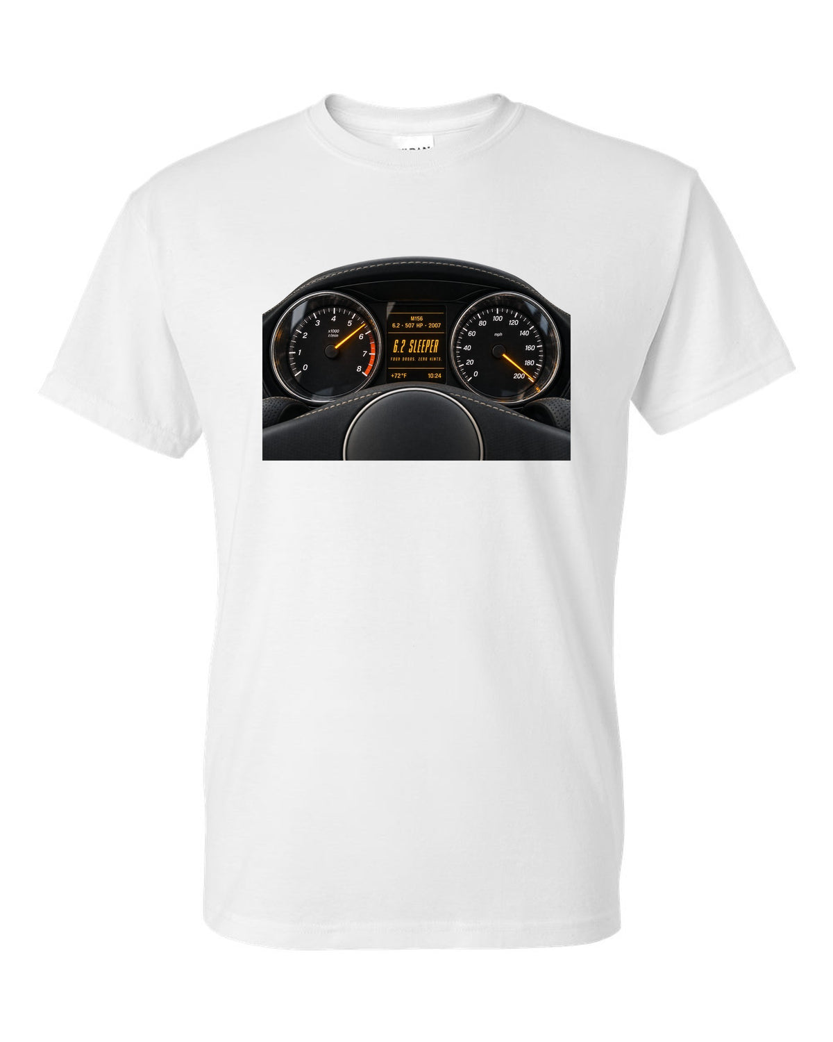 print cockpit gauge of a Mercedes W211 E63 M156 with text 507 HP, 2007, 6.2 sleeper white t-shirt front view with the design