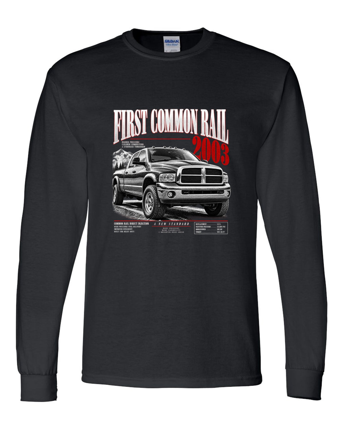 Editorial headline of a 2003-2009 Ram 2500 3rd gen with the text First Common Rail 2003 black long sleeve front view with the design