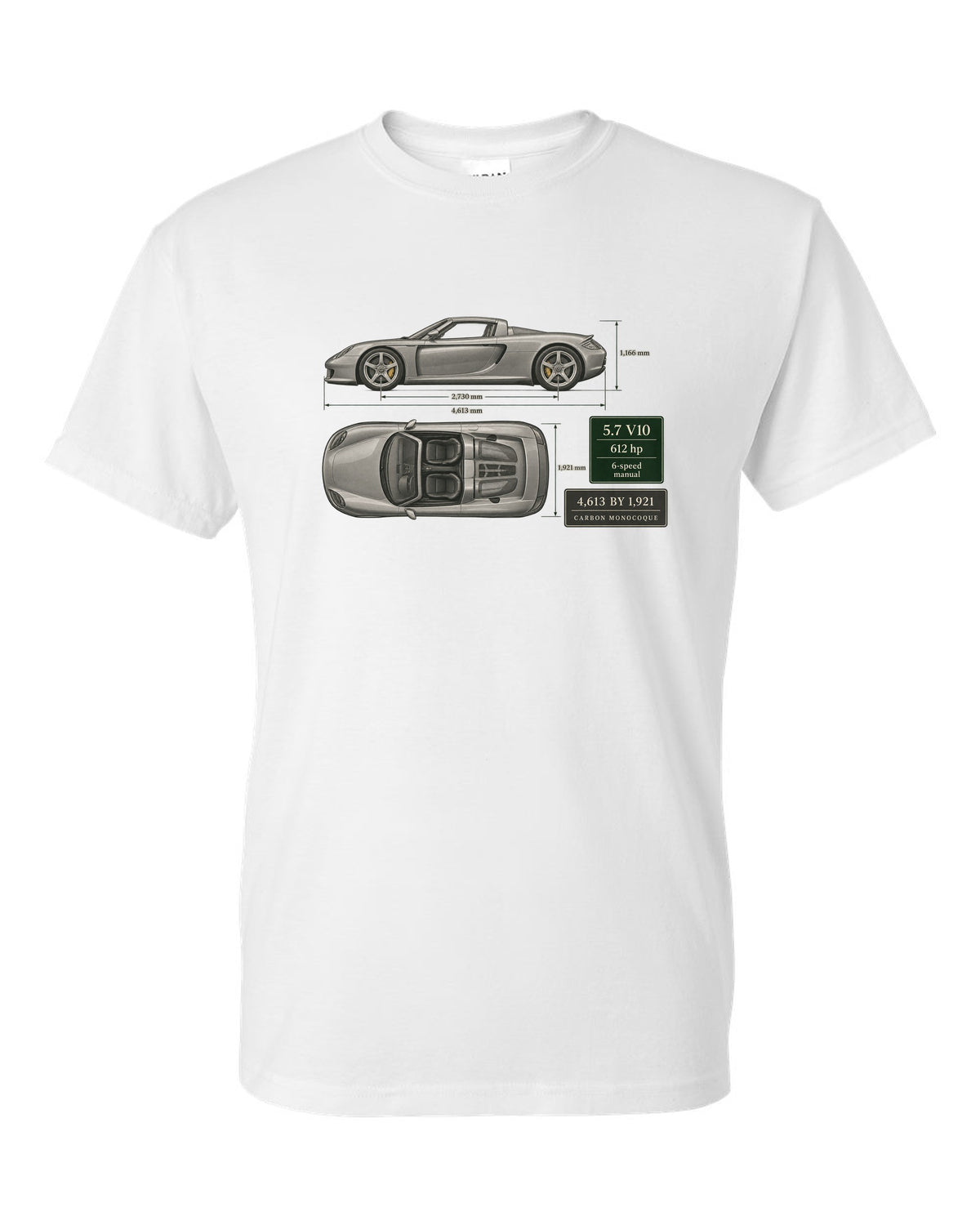 Porsche Carrera GT top view dimension blueprint print design white t-shirt front view with the design