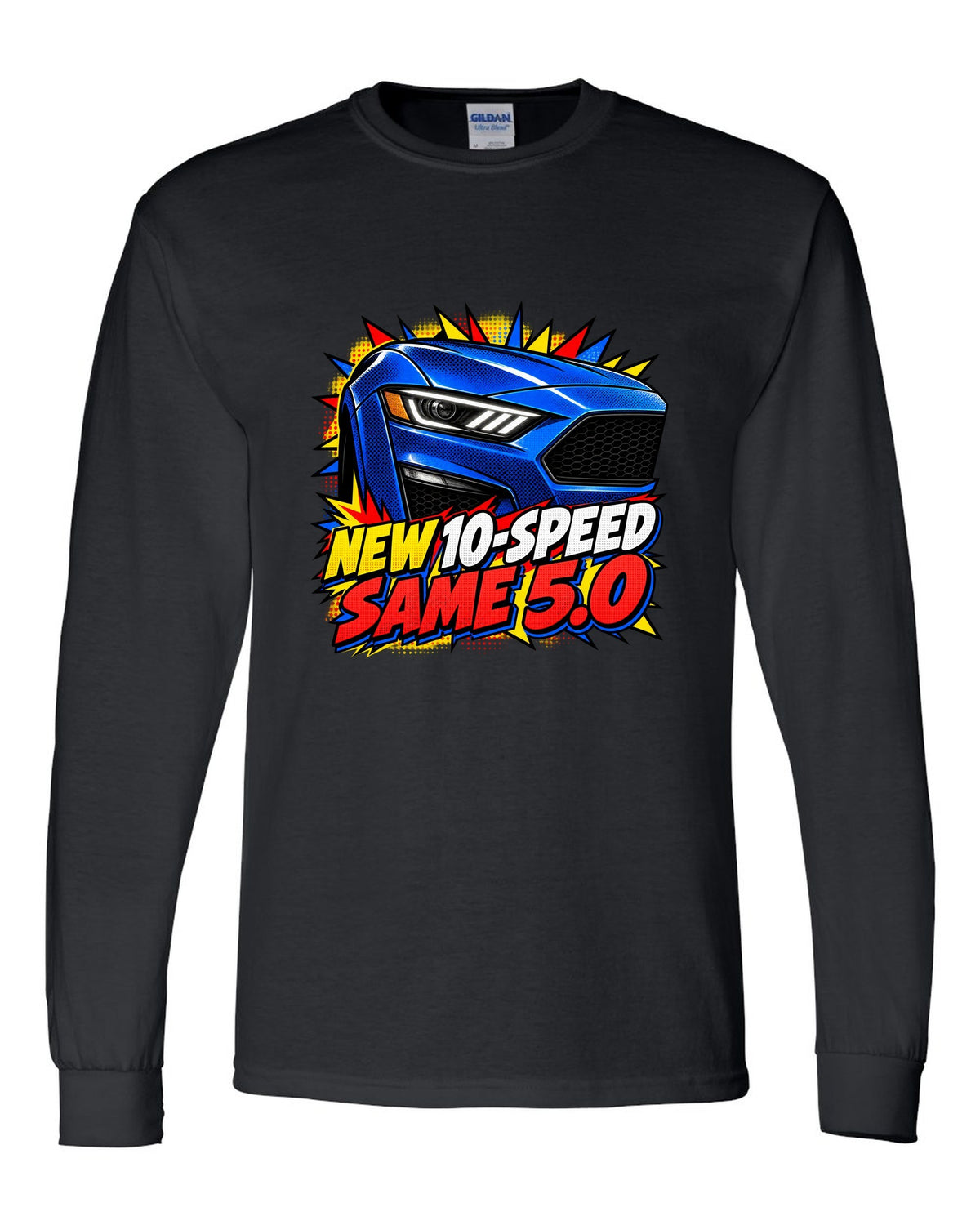 Comic halftone pop-art print of a 2018-23 Ford Mustang S550 GT front end black long sleeve front view with the design