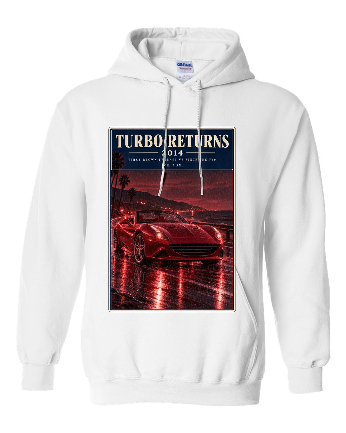 Red monochrome night street print of the Ferrari California T white pull over hoodie front view with the design