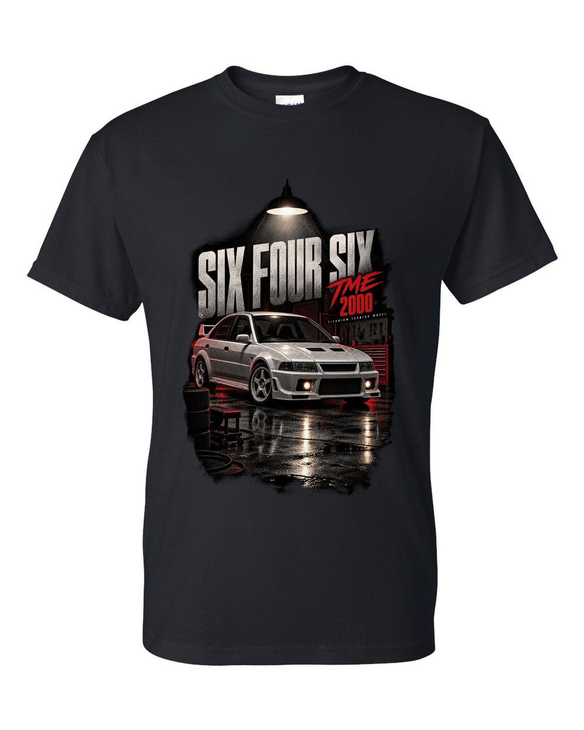 Garage night print for the Mitsubishi Lancer Evolution VI TME CP9A reading Six Four Six, titanium turbine wheel, 2000 black t-shirt front view with the design