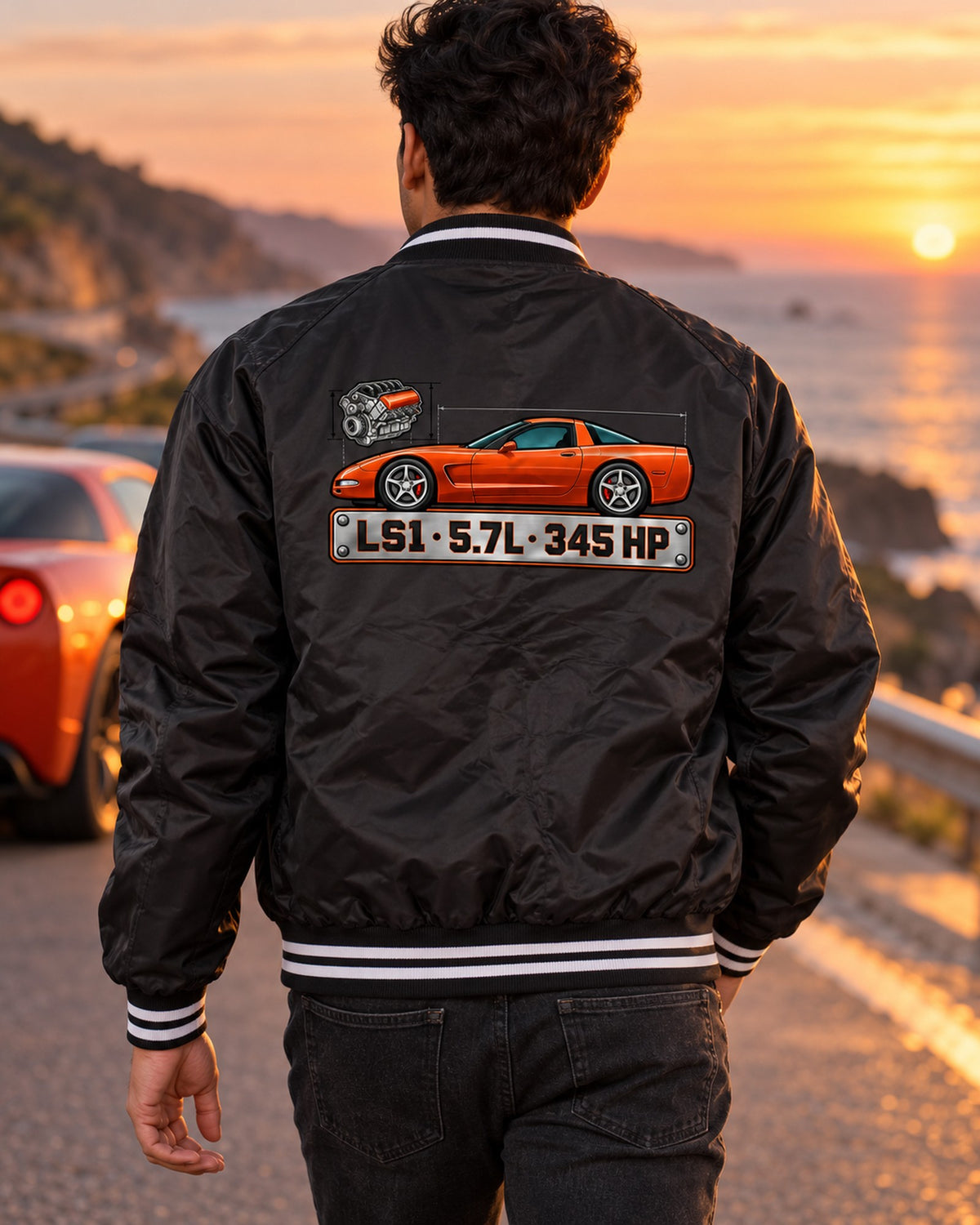 Chevrolet Corvette C5 LS1 Spec Plate Shirt, Car Guy Gift Bomber Jacket Black worn hero
