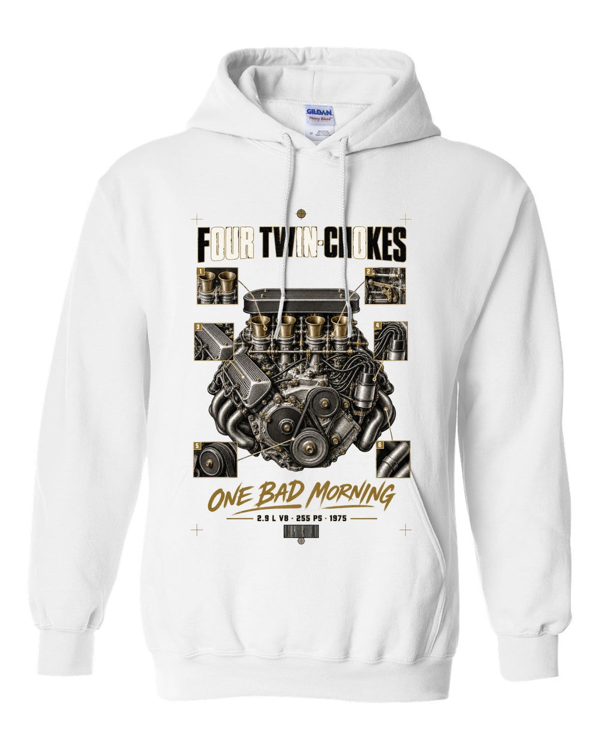 Ferrari 308 GTB 1975 engine print, four twin-choke carbs, 2.9 L V8, 255 PS white pull over hoodie front view with the design
