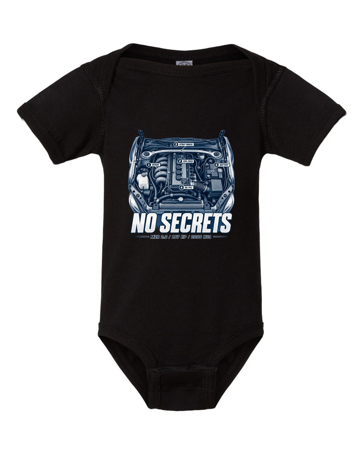 Engine hero print for the 2006 Mazda MX-5 NC1 with MZR 2.0 and 167 HP lettering black baby onesie front view with the design