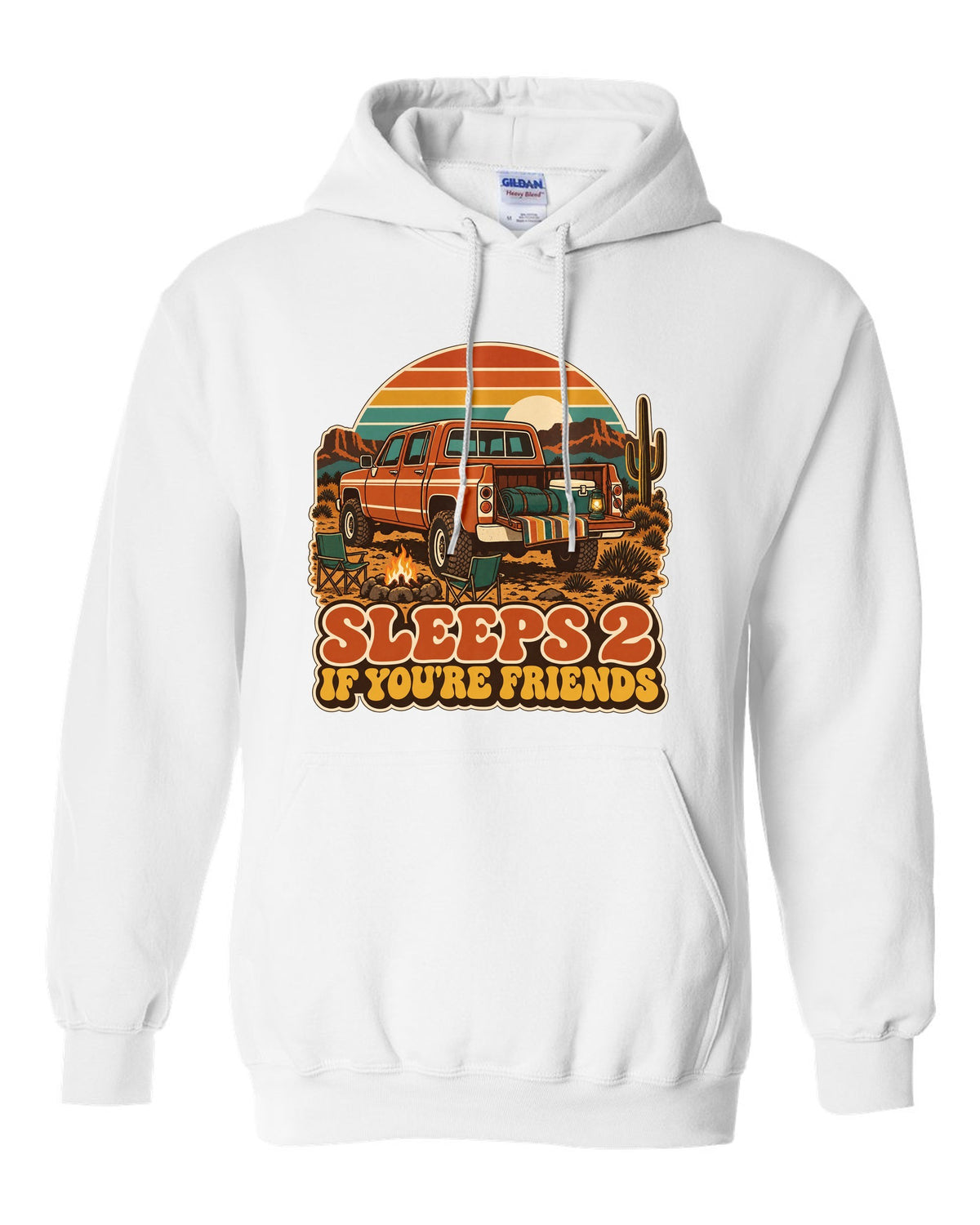 Jeep Gladiator JT retro 70s outdoors poster with sunset stripes and sleeps 2 text white pull over hoodie front view with the design