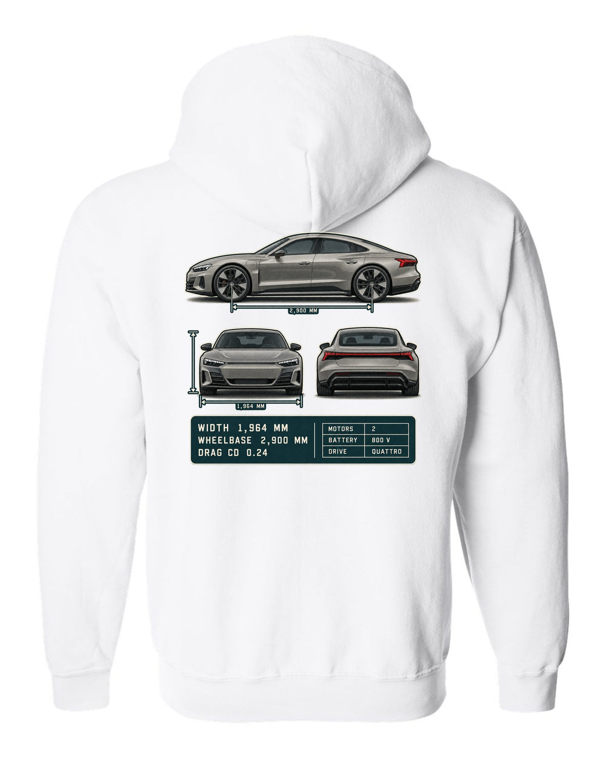 Audi RS e-tron GT Three-View Spec Table Tee, Cd 0.24 Car white zip hoodie back view with the design