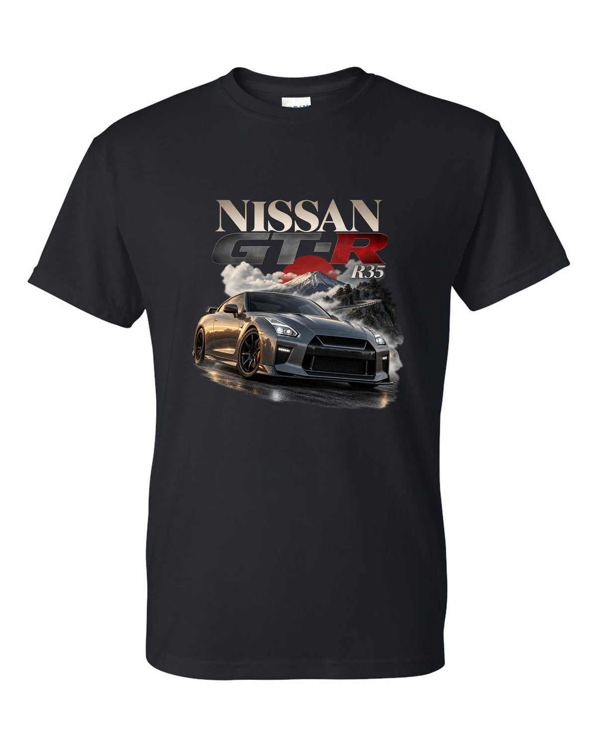 Nissan GT-R R35 2017 facelift in blue on a spec poster layout black t-shirt front view with the design