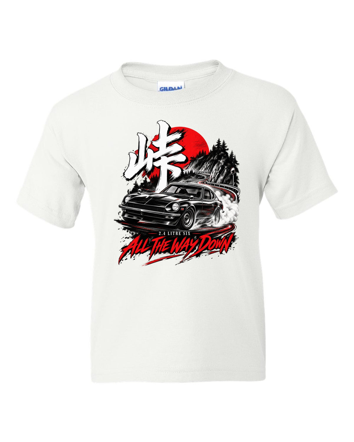 print of a 1971 Datsun 240Z HLS30 sliding downhill at night with touge kanji white kids tee front view with the design