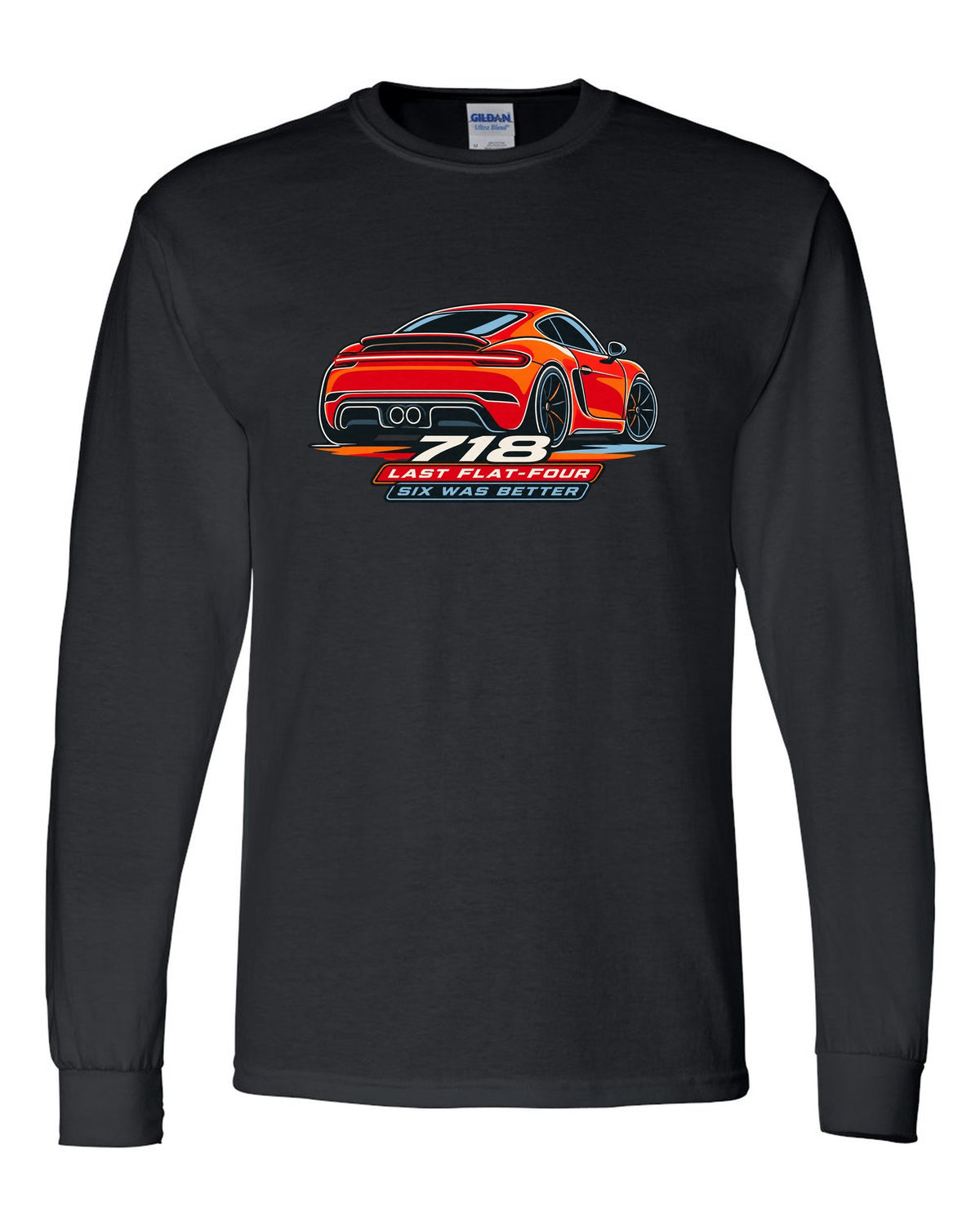 Minimalist continuous line art print of a Porsche 718 Cayman 982 taillight with the text 718, last flat-four, six was better black long sleeve front view with the design
