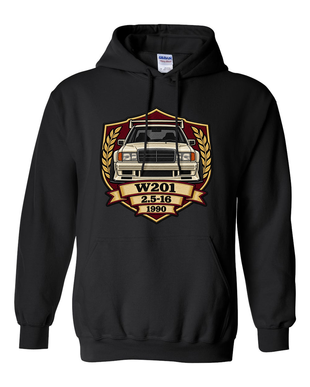Embroidery-style shield crest print of a Mercedes-Benz 190E Evo II W201, 2.5-16, 1990 black pull over hoodie front view with the design