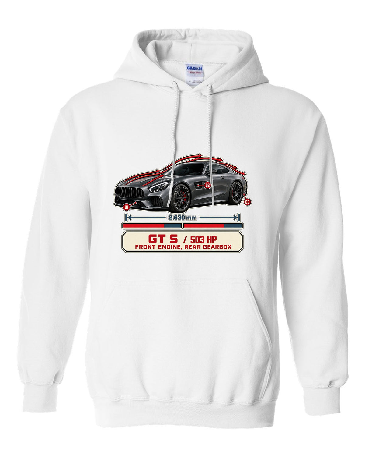 Mercedes-AMG GT S C190 aero cutaway callouts print white pull over hoodie front view with the design