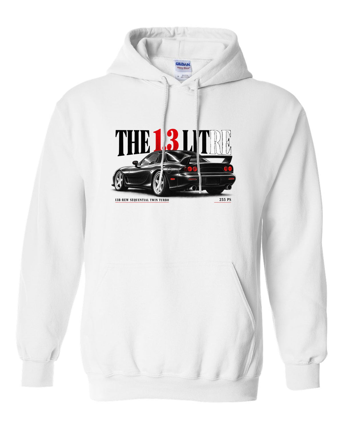 Editorial headline print for the 1992 Mazda RX-7 FD3S with 13B-REW sequential twin turbo and 255 PS white pull over hoodie front view with the design