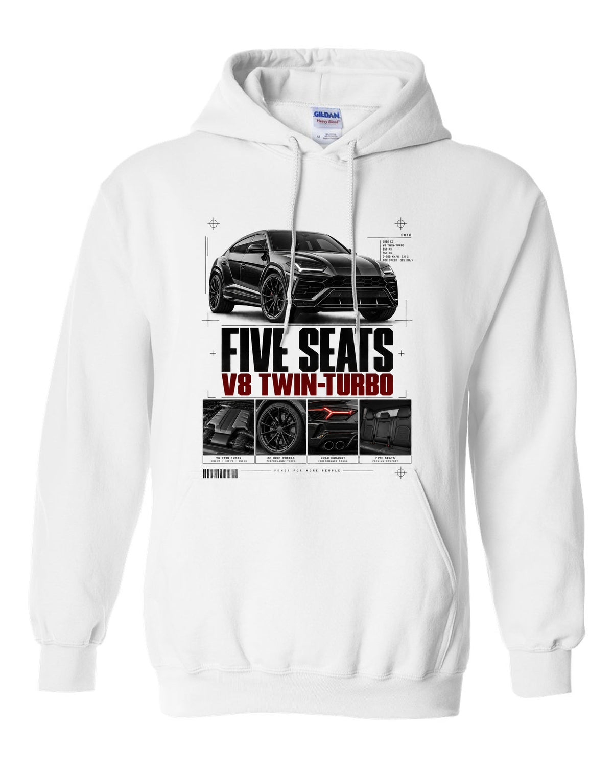 Lamborghini Urus 2018 dossier panel print: five seats, V8 twin-turbo white pull over hoodie front view with the design