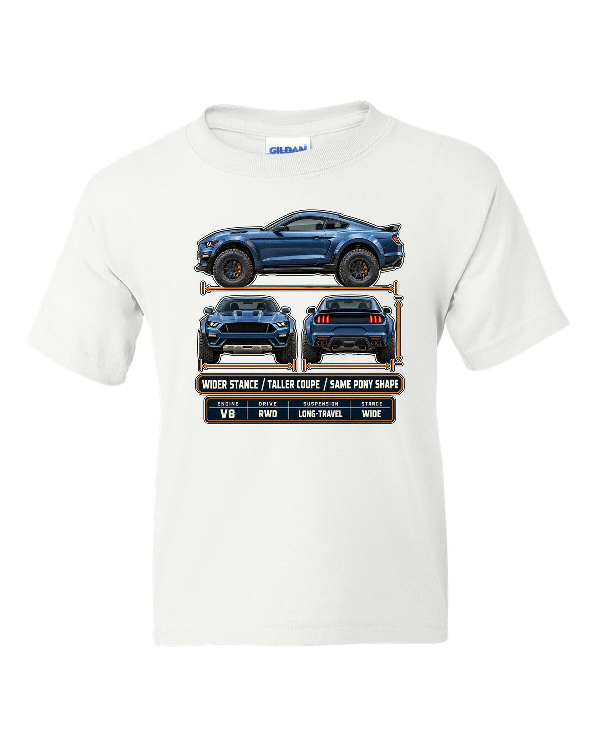 print of a Mustang Raptor concept three-view drawing with spec table and pony shape text white kids tee front view with the design