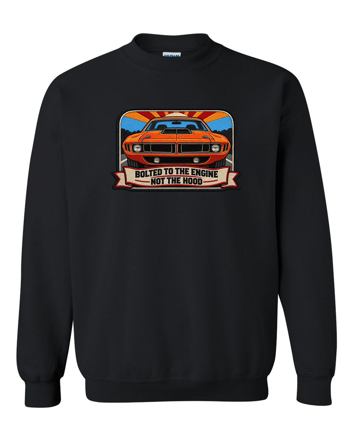 Embroidered mechanic patch style print of a 1970 Plymouth Hemi 'Cuda with shaker scoop text black crewneck front view with the design