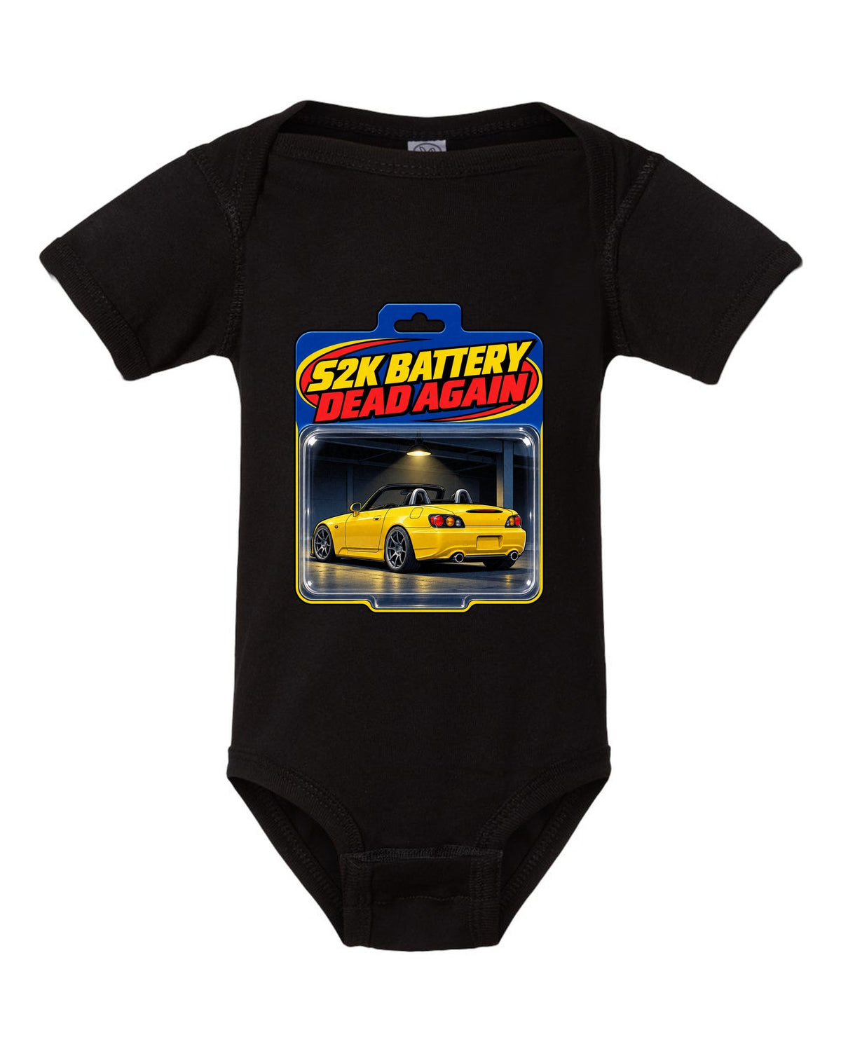 Toy blister card print of a 2004 Honda S2000 AP2 roadster with S2K battery dead again text black baby onesie front view with the design