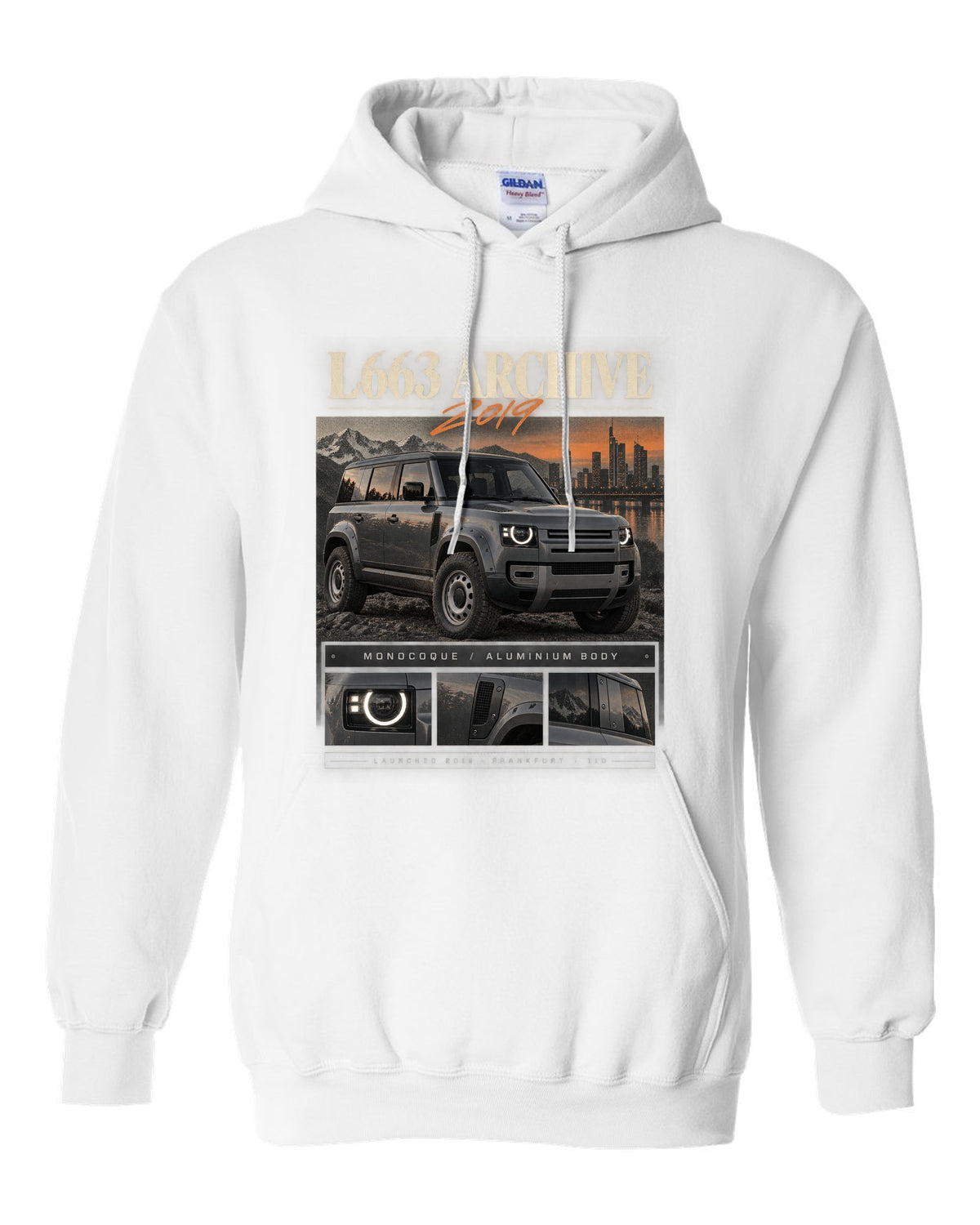 Land Rover Defender L663 110 archive panel print with 2019 Frankfurt text white pull over hoodie front view with the design
