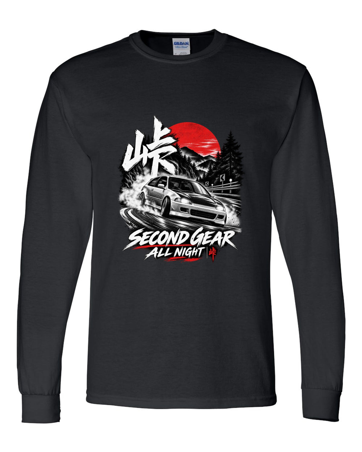 Touge night print of a 1992 Honda Civic EG6 SiR chback with second gear text black long sleeve front view with the design