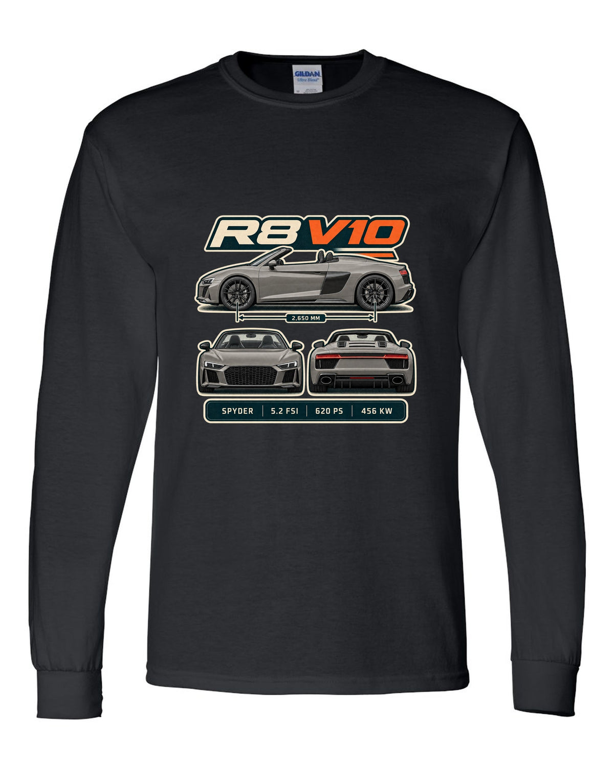 Audi R8 Spyder V10 performance three-view spec table print design black long sleeve front view with the design