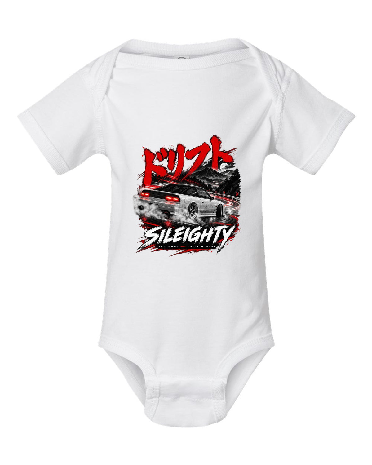Touge night print of a Nissan Sileighty, 180SX body with Silvia nose white baby onesie front view with the design