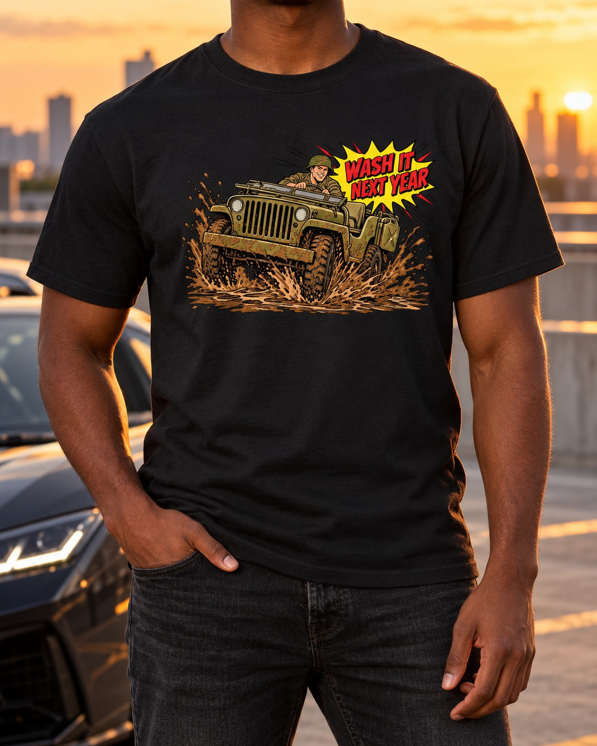 Willys MB Wash It Next Year Pop Art Tee, Vintage Jeep Gift T-Shirt Black worn hero