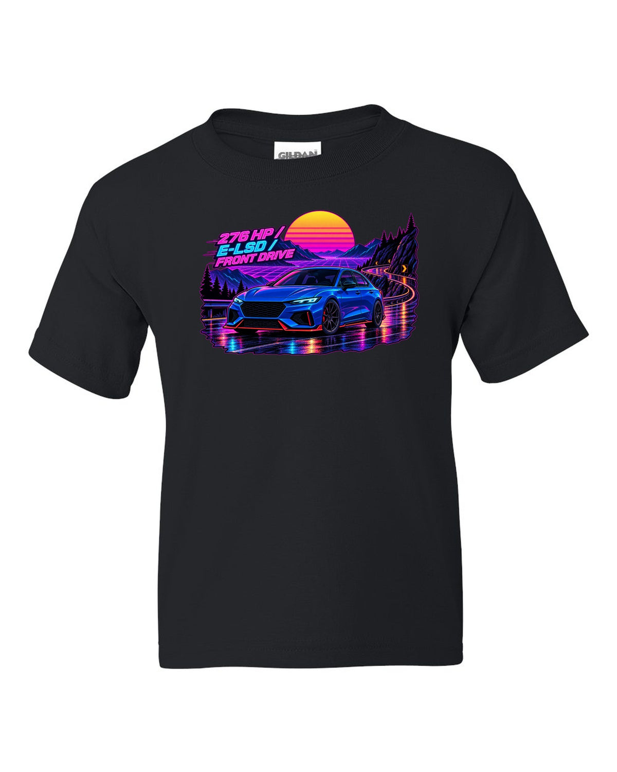 Hyundai Elantra N CN7 synthwave wet road print with 276 HP and E-LSD text black kids tee front view with the design
