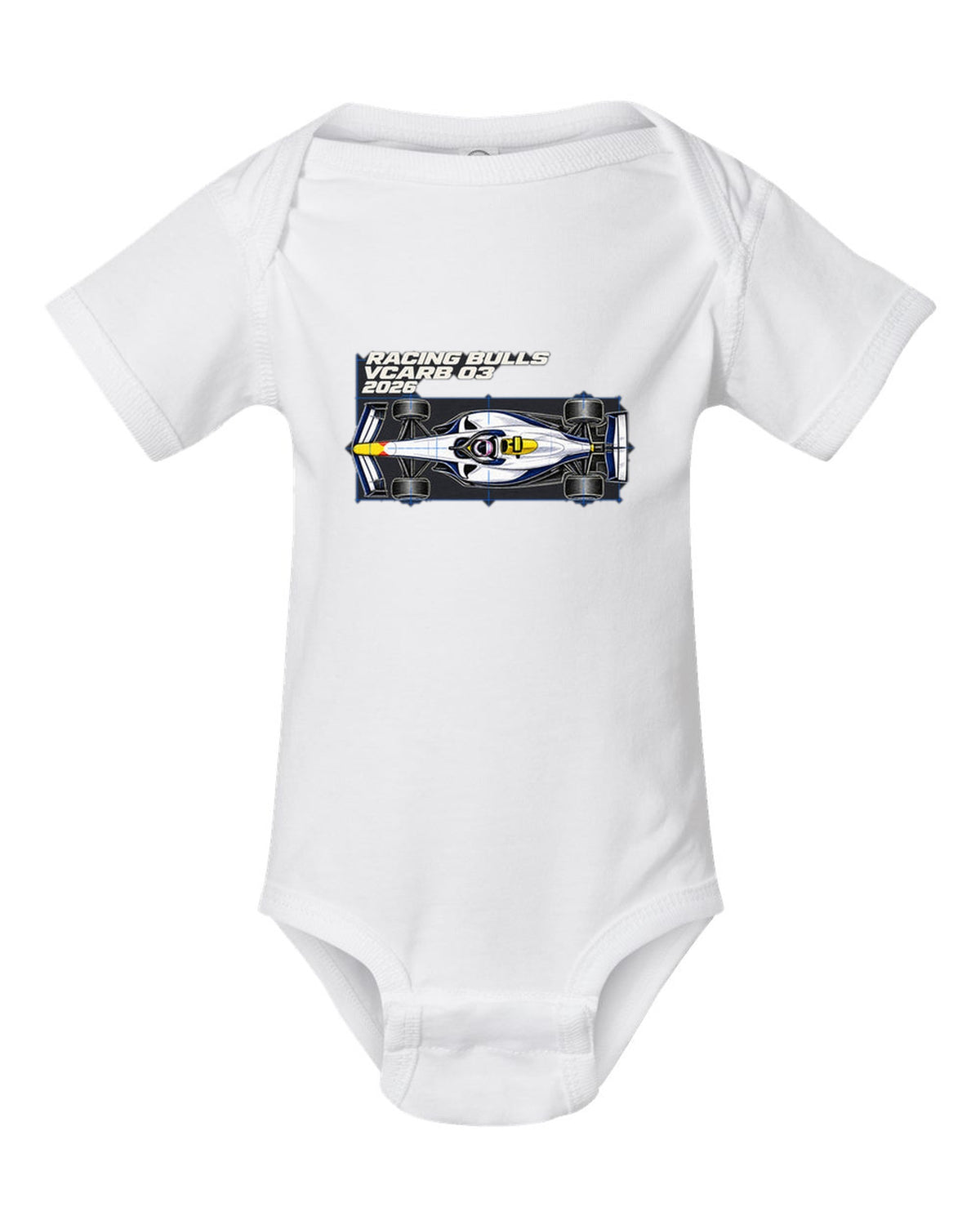 Racing Bulls VCARB 03 2026 F1 car technical poster artwork white baby onesie front view with the design