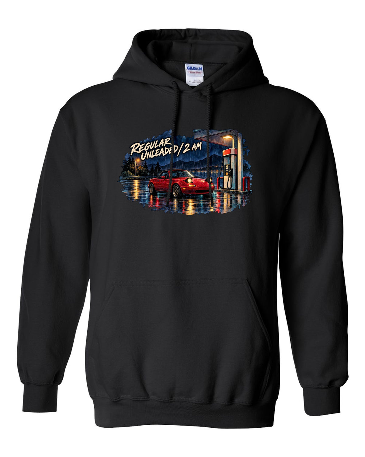 Watercolour wet-road night scene of a Mazda MX-5 NA at a fuel stop black pull over hoodie front view with the design