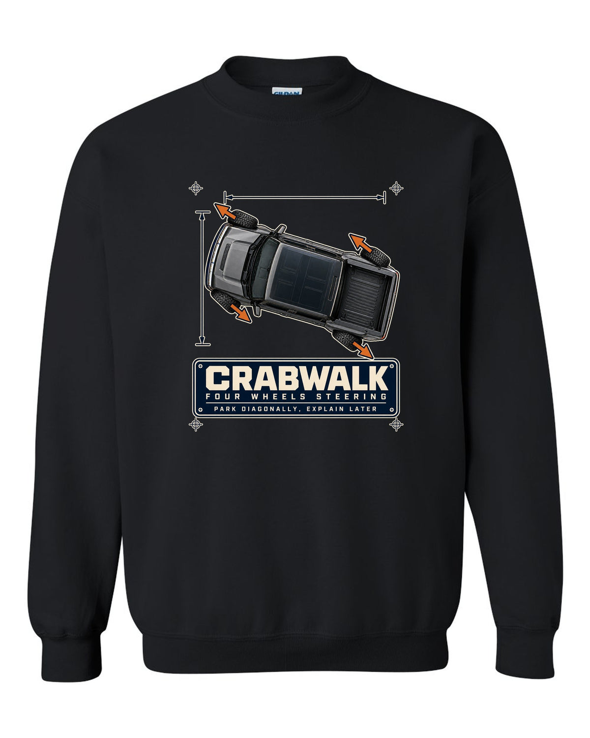 Top-view dimension blueprint print of a Hummer EV pickup showing CrabWalk diagonal steering black crewneck front view with the design