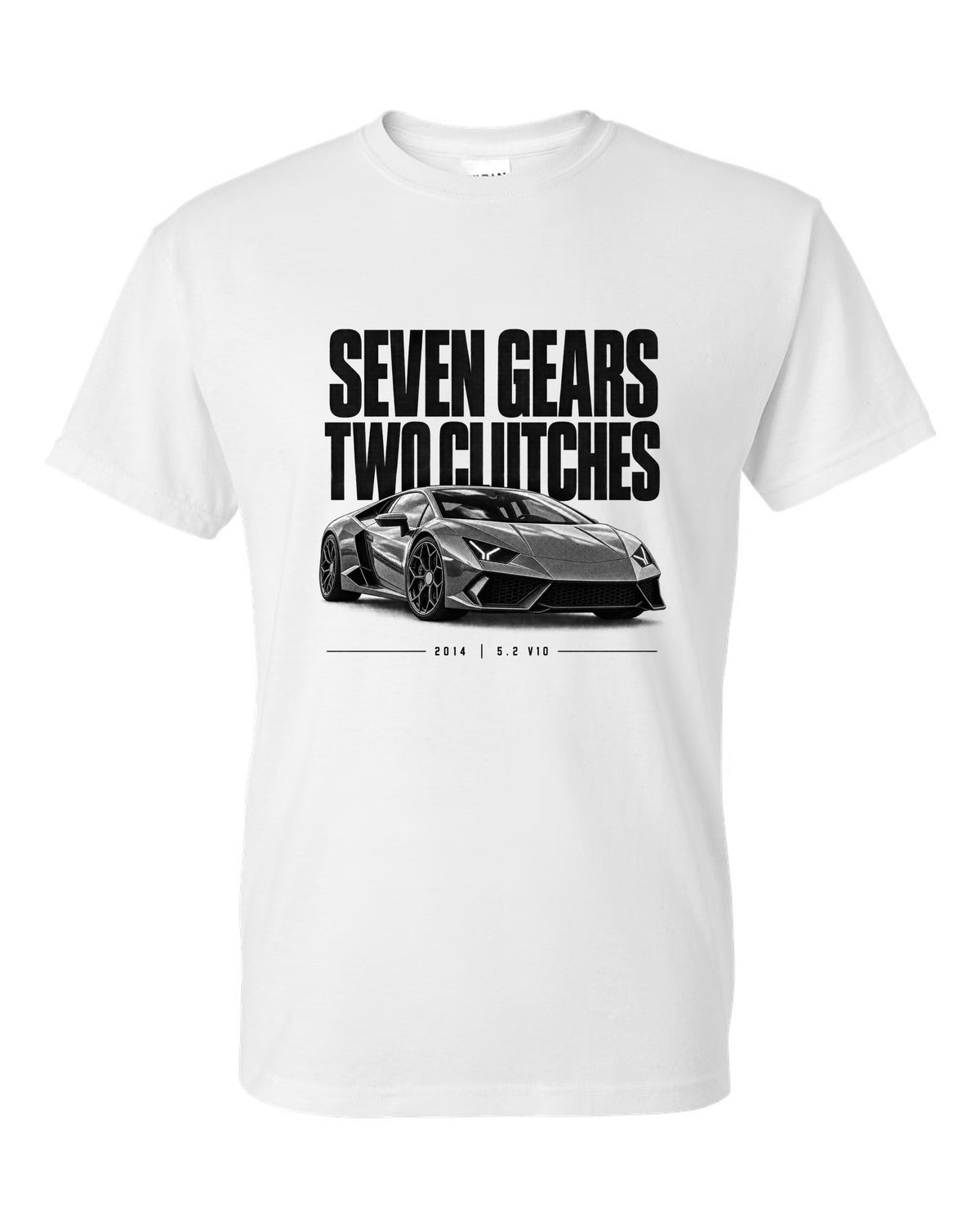 Halftone statement print of a Lamborghini Huracan LP610-4 with Seven Gears, Two Clutches text white t-shirt front view with the design