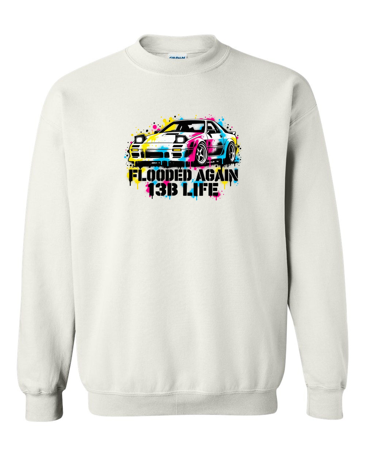 Stencil spray street art print for the Mazda RX-7 FC3S with flooded again 13B life lettering white crewneck front view with the design