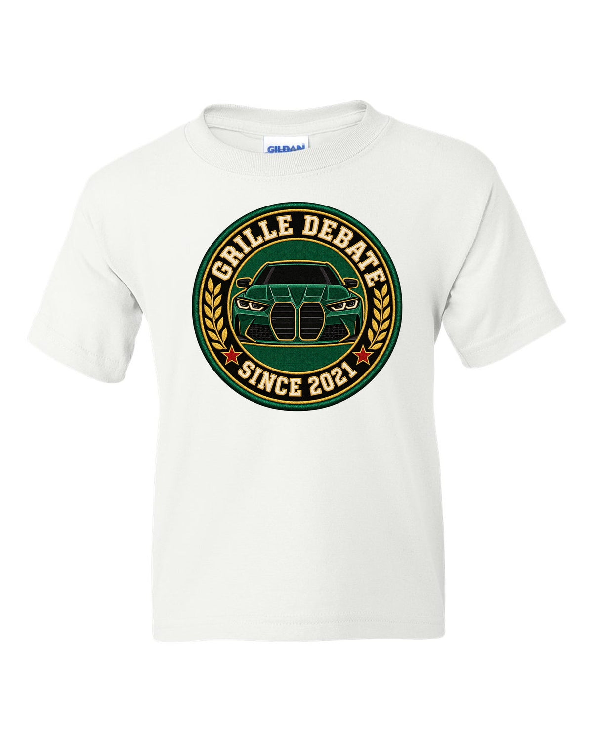 BMW G80 M3 varsity crest print with grille debate since 2021 text white kids tee front view with the design