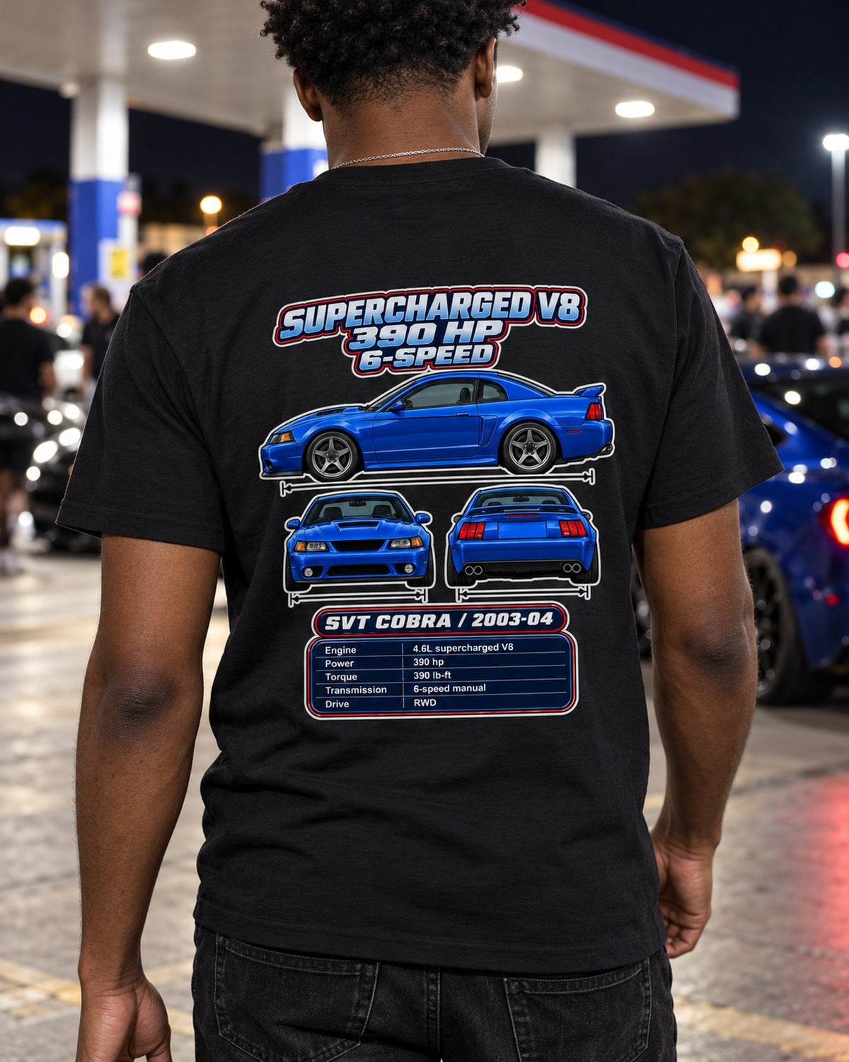 Ford SVT Cobra Terminator Spec Sheet Full-Back Graphic Tee T-Shirt Black worn hero