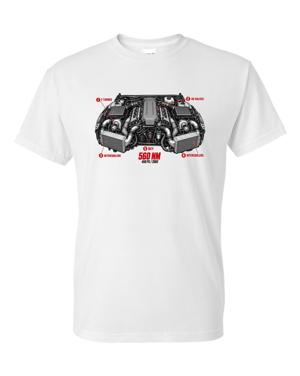Audi RS6 Avant C5 BCY 4.2 biturbo engine with callouts and spec text white t-shirt front view with the design