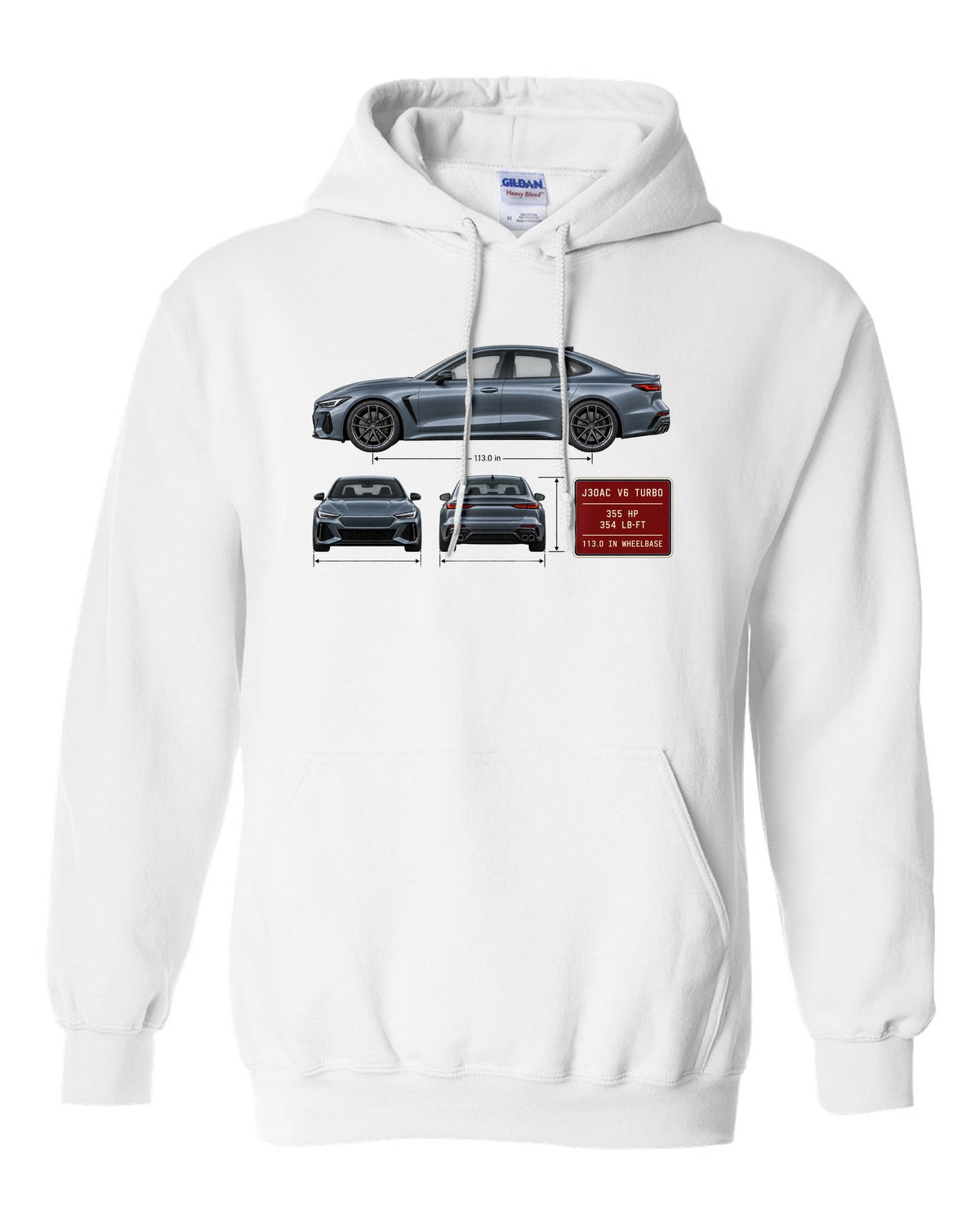 Acura TLX Type S three-view spec table print white pull over hoodie front view with the design