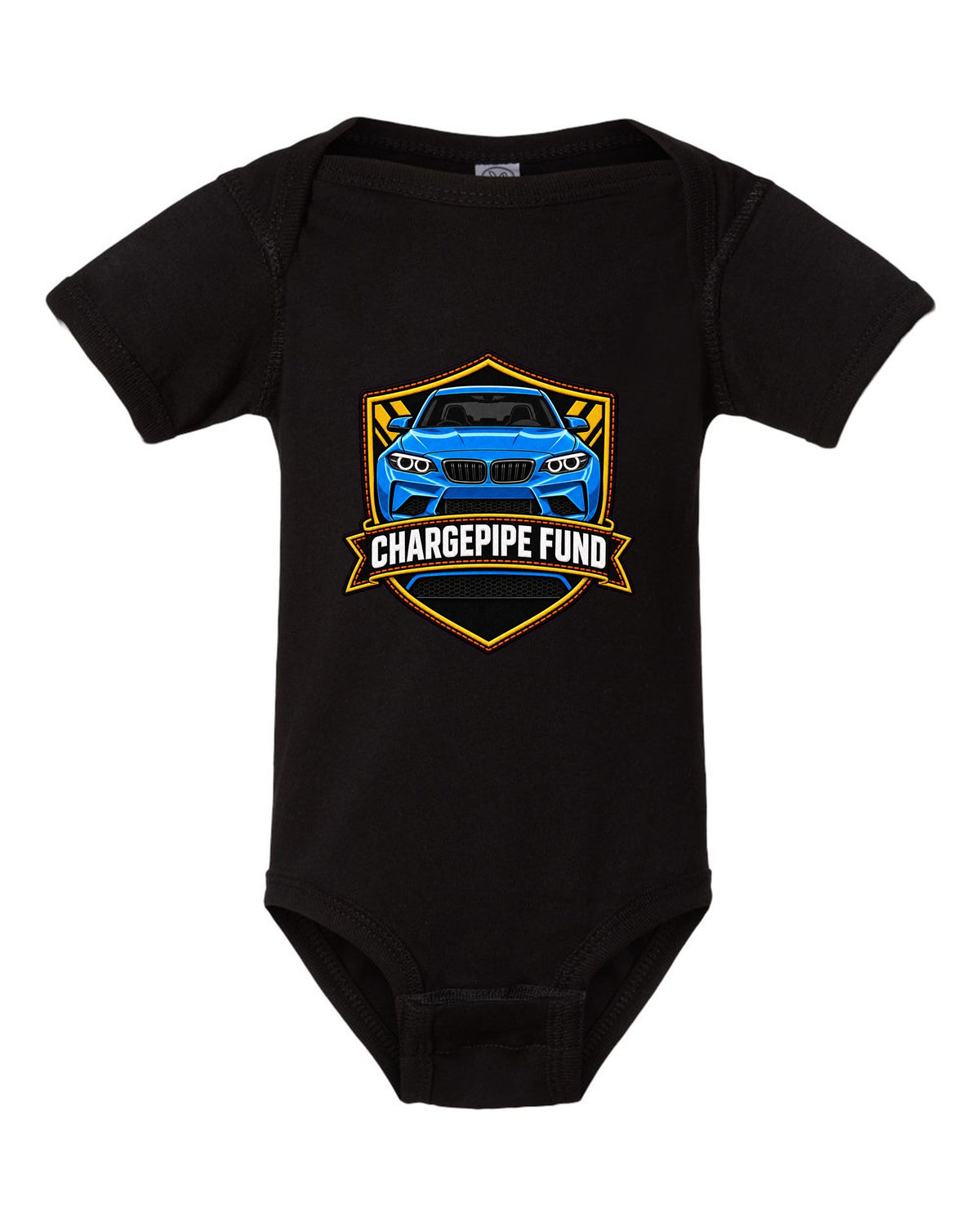 Linocut woodcut-style print of a BMW M2 G87 brake duct with 453 HP text black baby onesie front view with the design