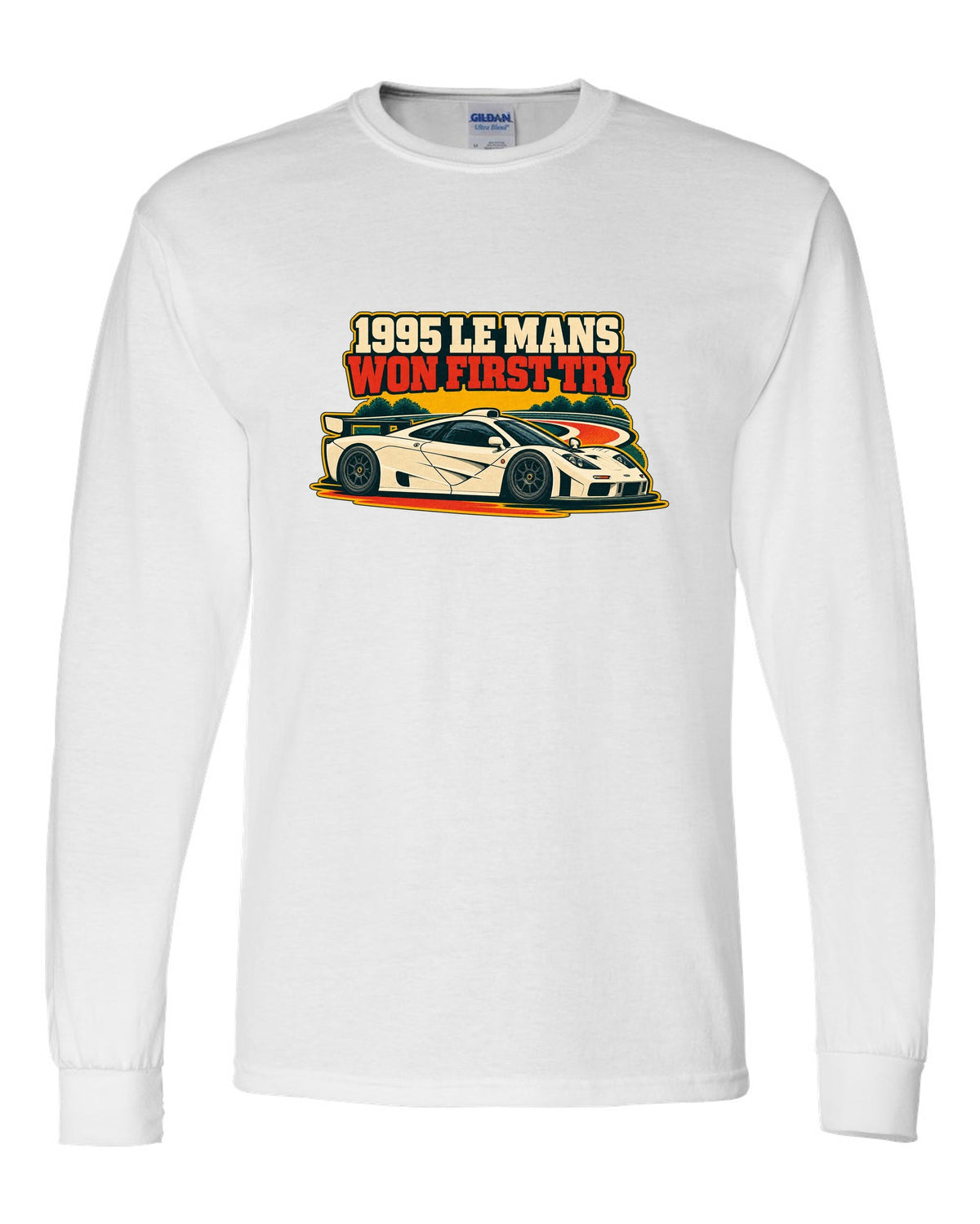 Vintage race poster print of the McLaren F1 GTR with 1995 Le Mans Won First Try lettering white long sleeve front view with the design