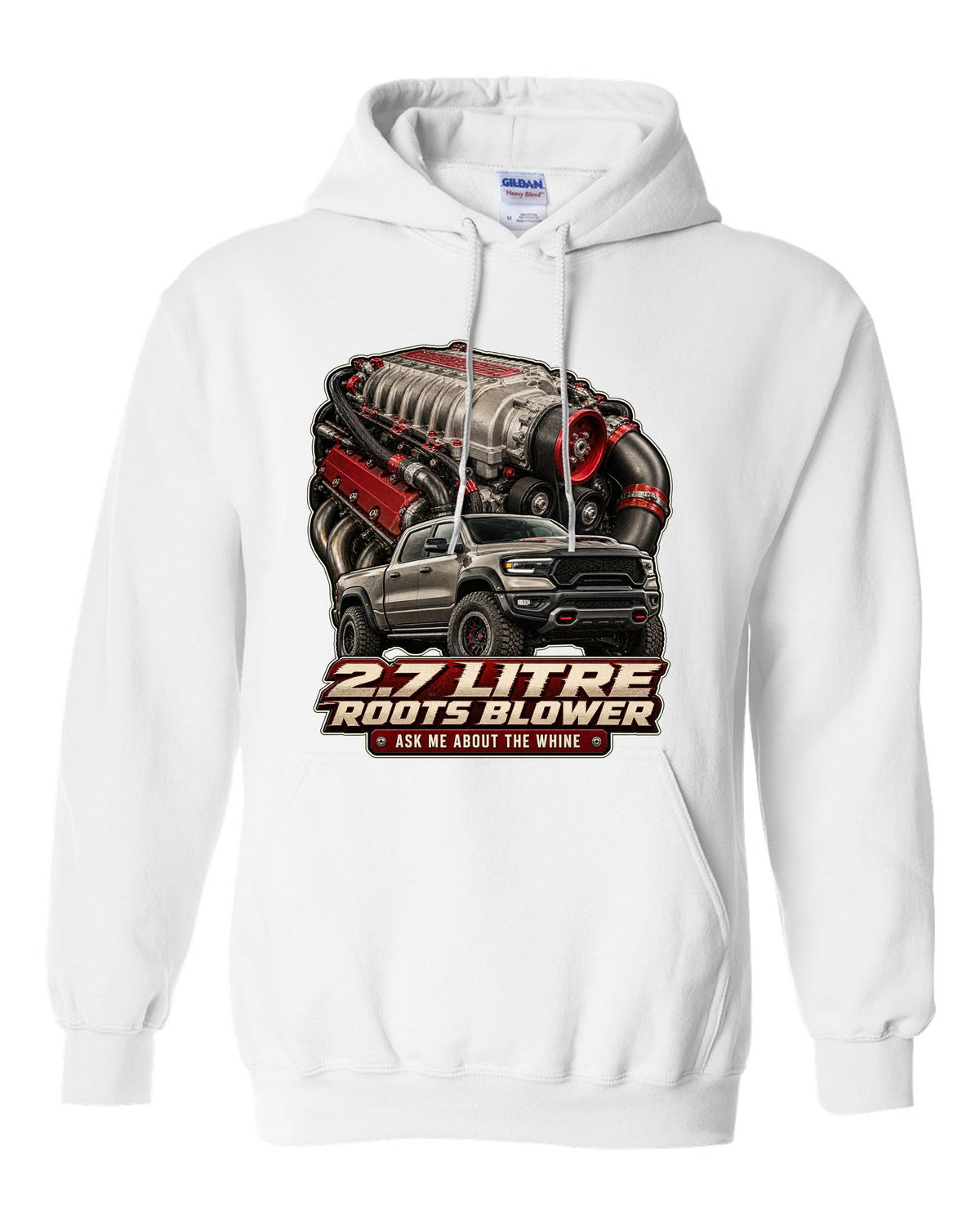 Ram 1500 TRX 2.7 litre Roots supercharger engine poster print white pull over hoodie front view with the design