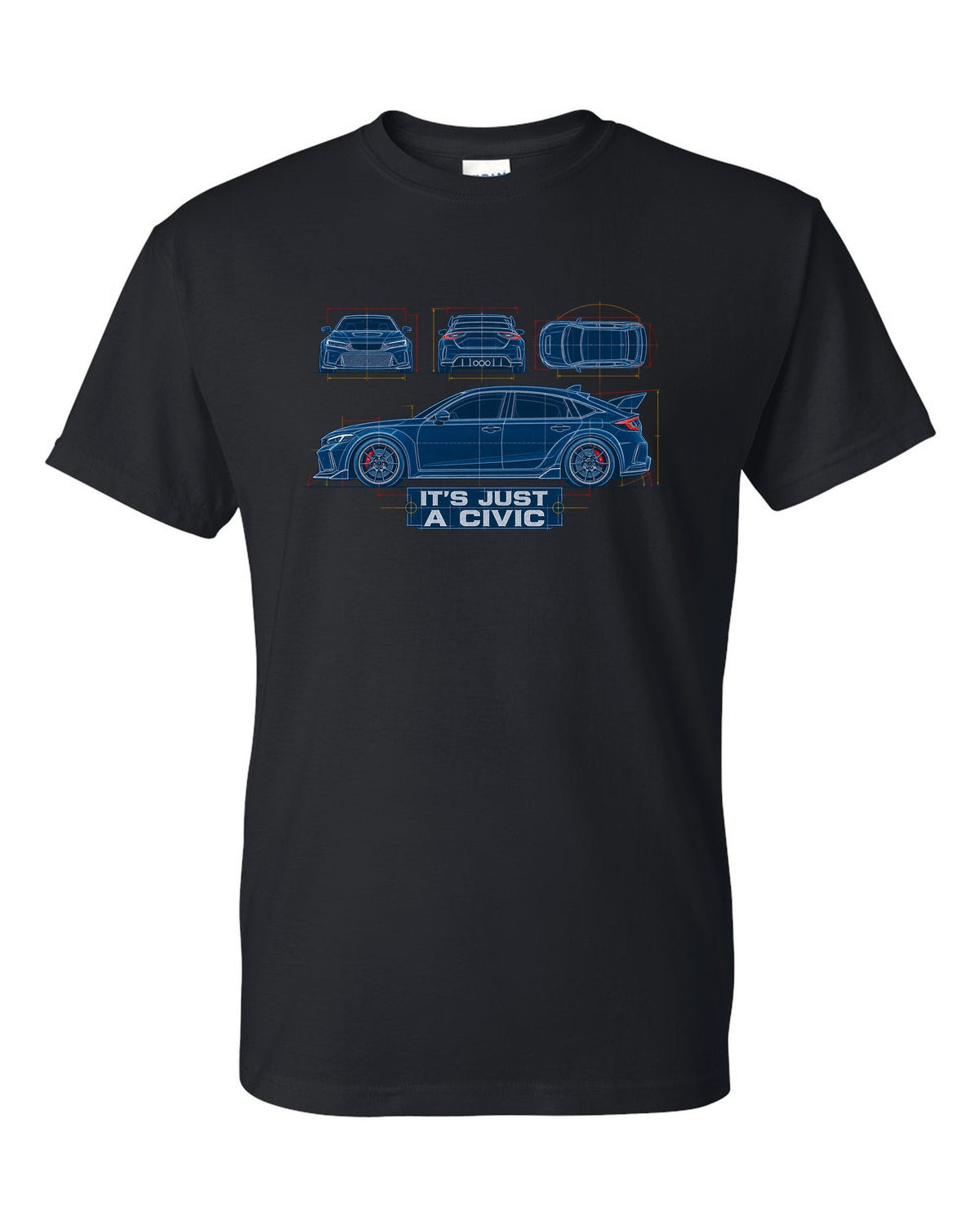 Cyanotype blueprint print of a 2023 Honda Civic FL5 ch with it's just a Civic text black t-shirt front view with the design