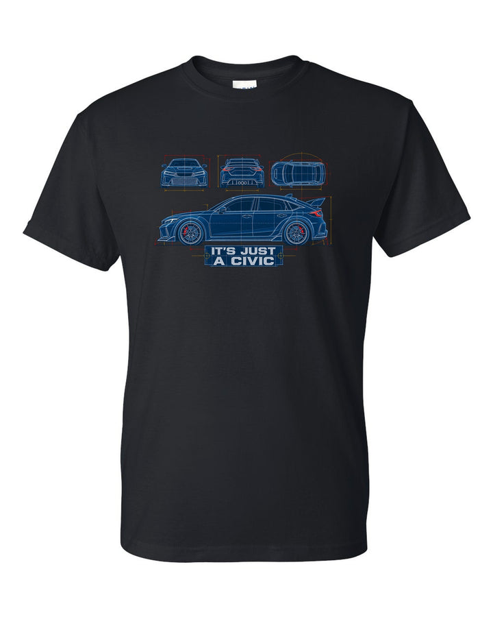 Cyanotype blueprint print of a 2023 Honda Civic FL5 ch with it's just a Civic text black t-shirt front view with the design