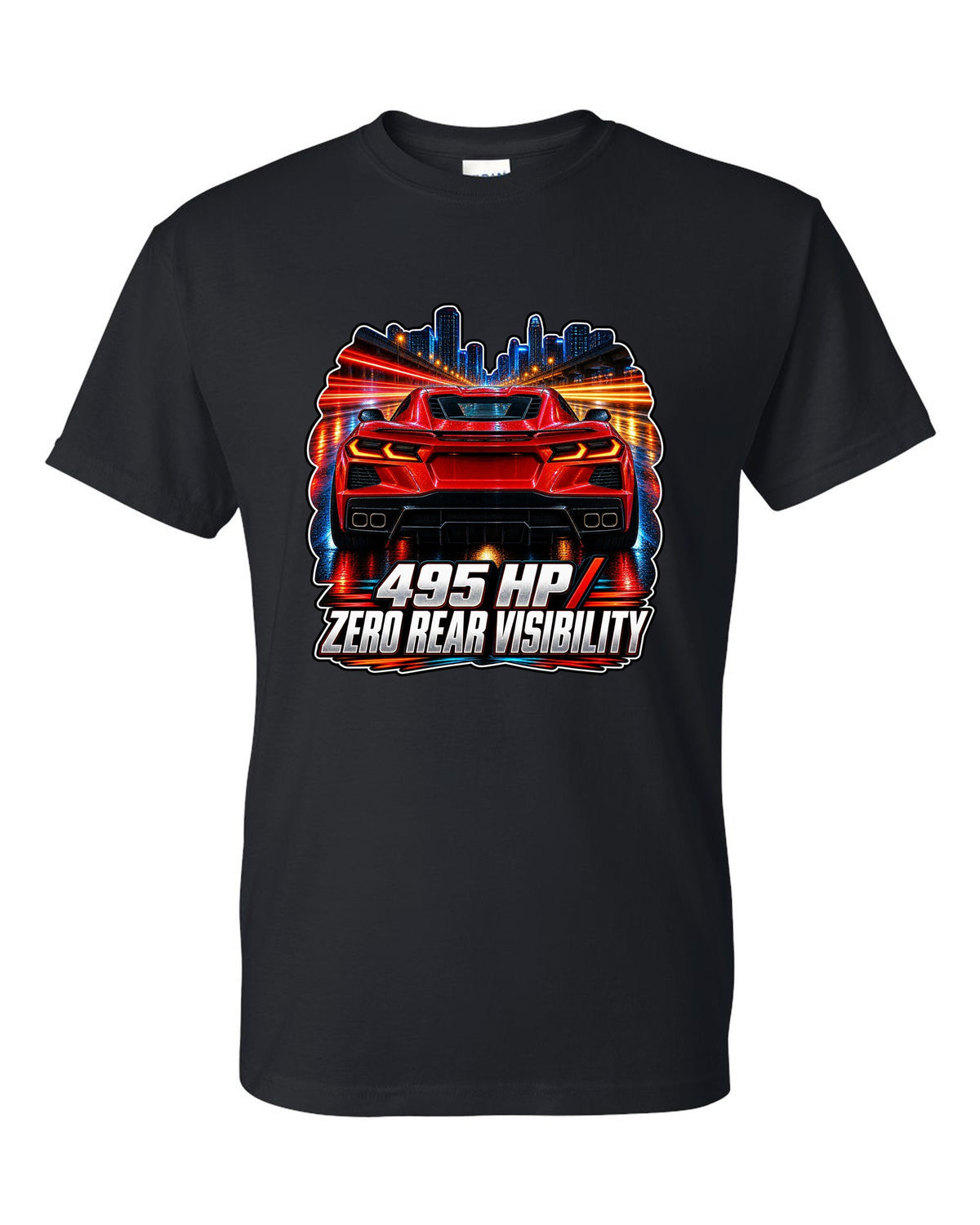 Long-exposure night poster print of a 2020 Chevrolet Corvette C8 Stingray with 495 HP zero rear visibility lettering black t-shirt front view with the design