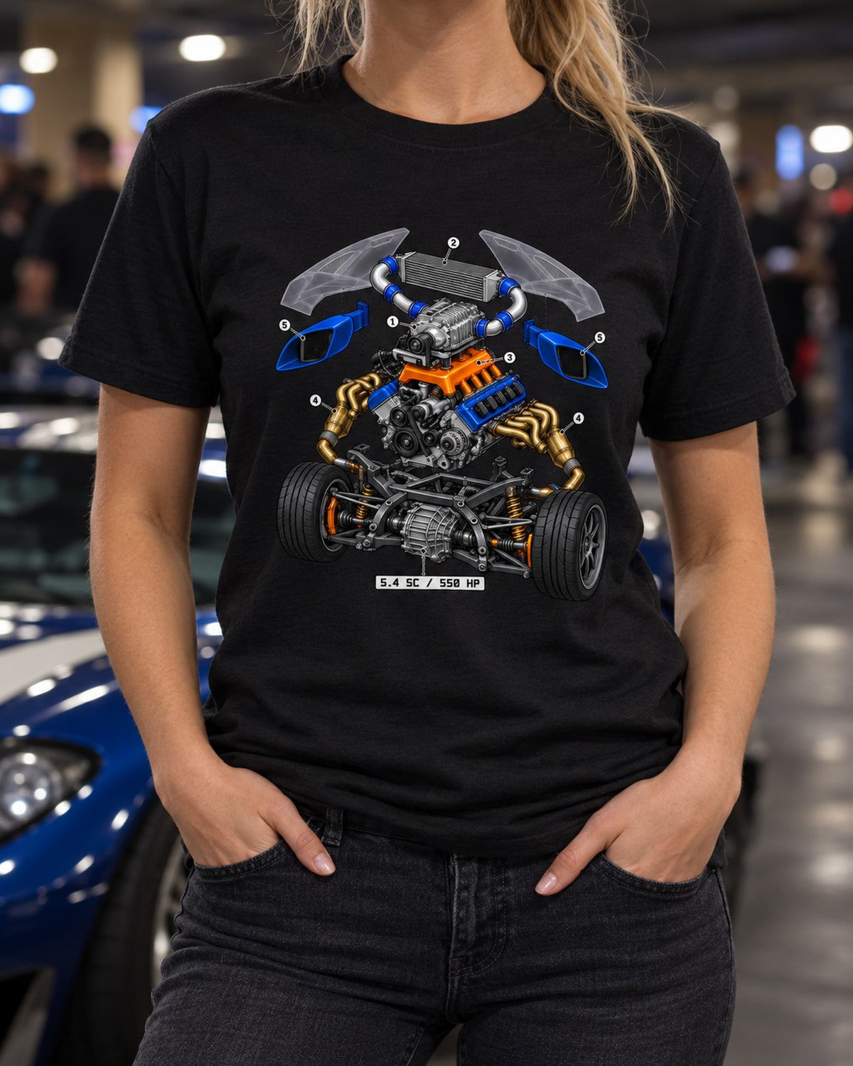 Ford GT 2005-2006 Blown V8 Exploded Isometric Engine Tee T-Shirt Black worn hero