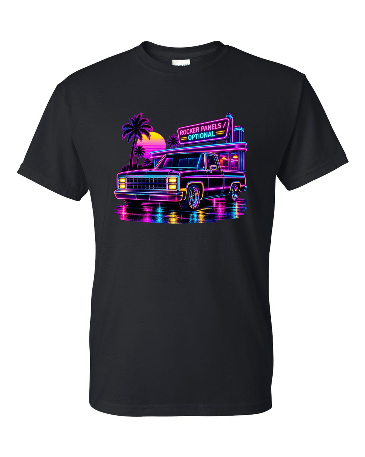 Neon synthwave line art print of a 1973-87 Chevrolet C10 Squarebody at a diner with rocker panels optional lettering black t-shirt front view with the design