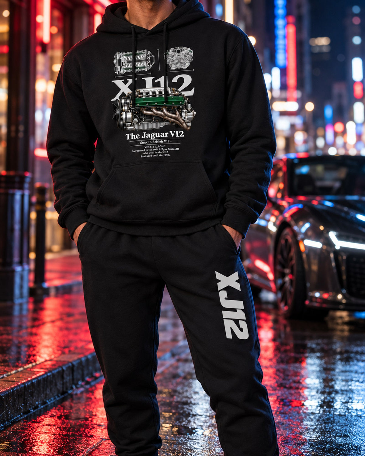 Jaguar V12 Engine Hoodie + Jogger Set Black worn hero