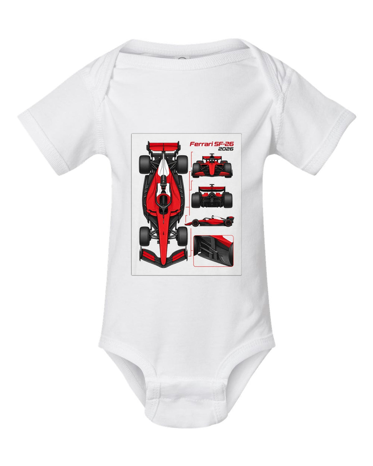 Ferrari SF-26 2026 F1 car technical poster artwork white baby onesie front view with the design