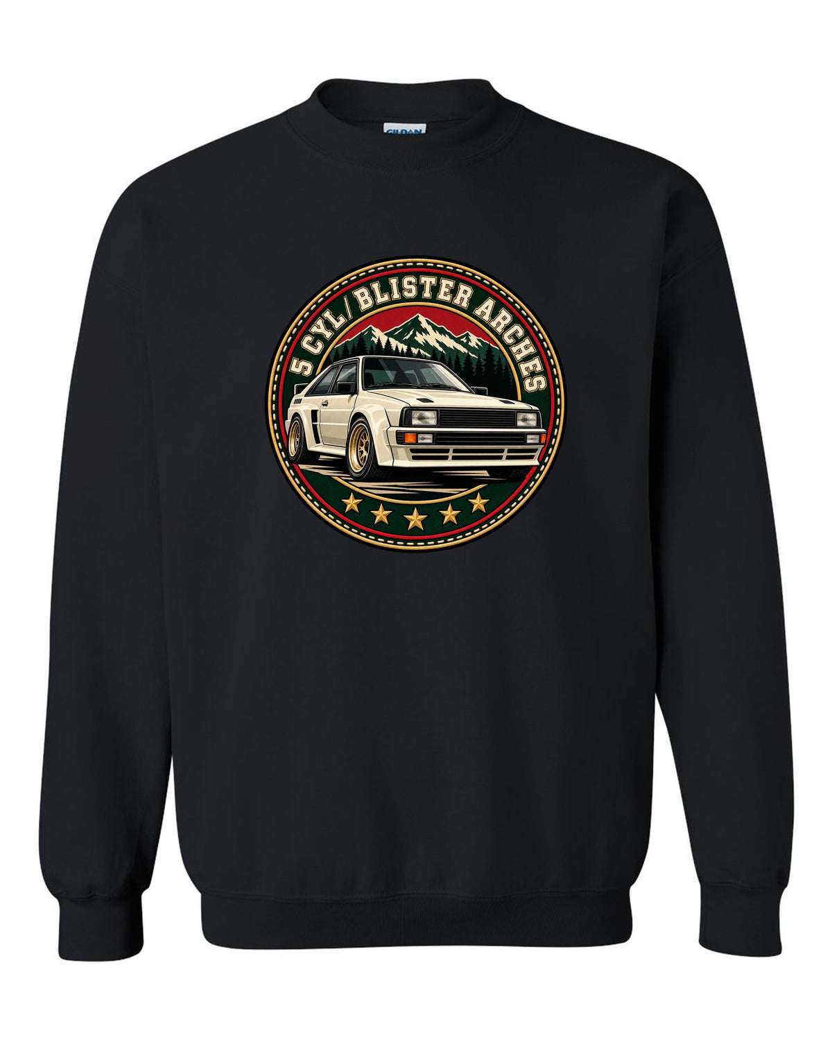 Varsity crest print of an Audi Ur-Quattro with blister arches text black crewneck front view with the design