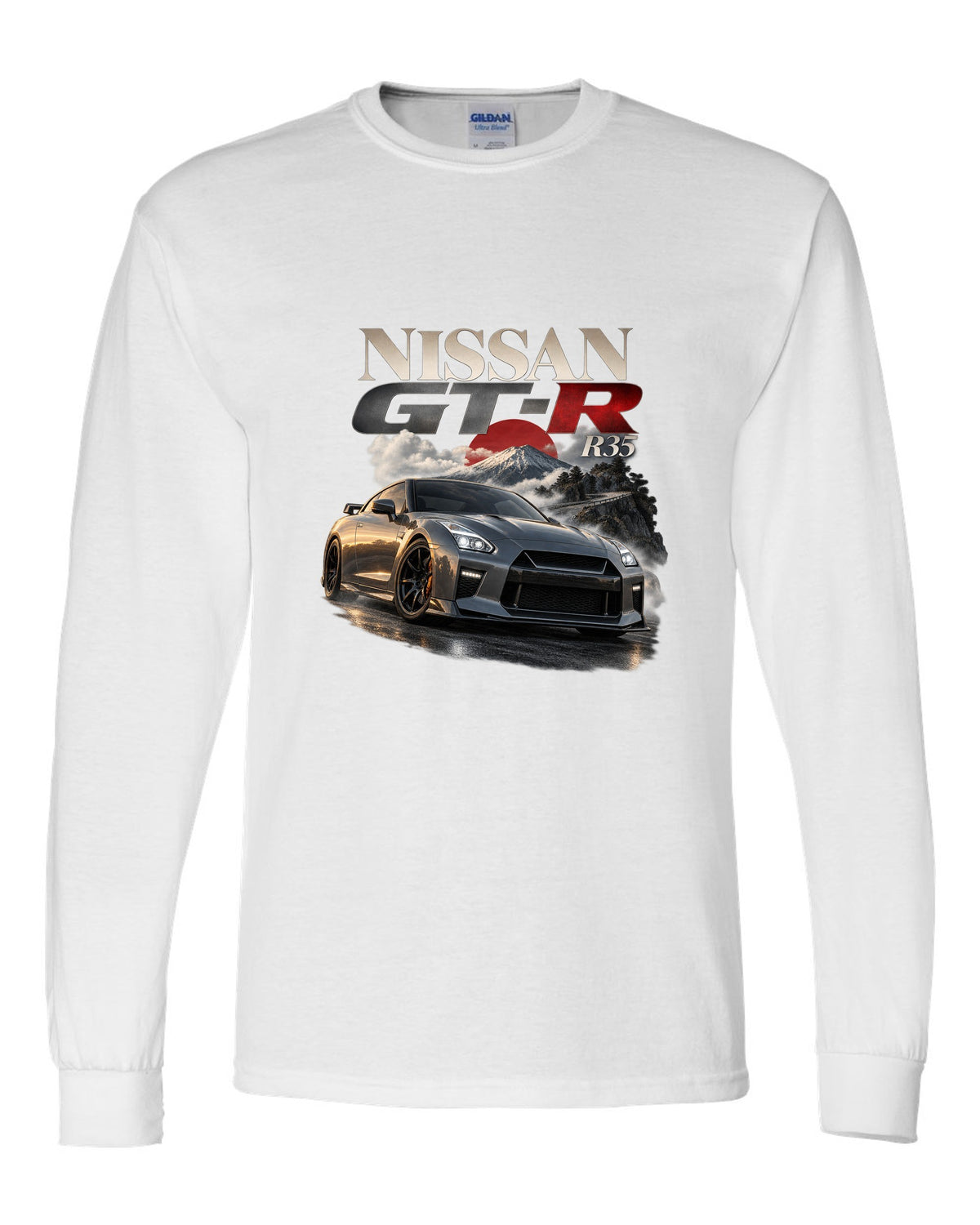 Nissan GT-R R35 2017 facelift in blue on a spec poster layout white long sleeve front view with the design