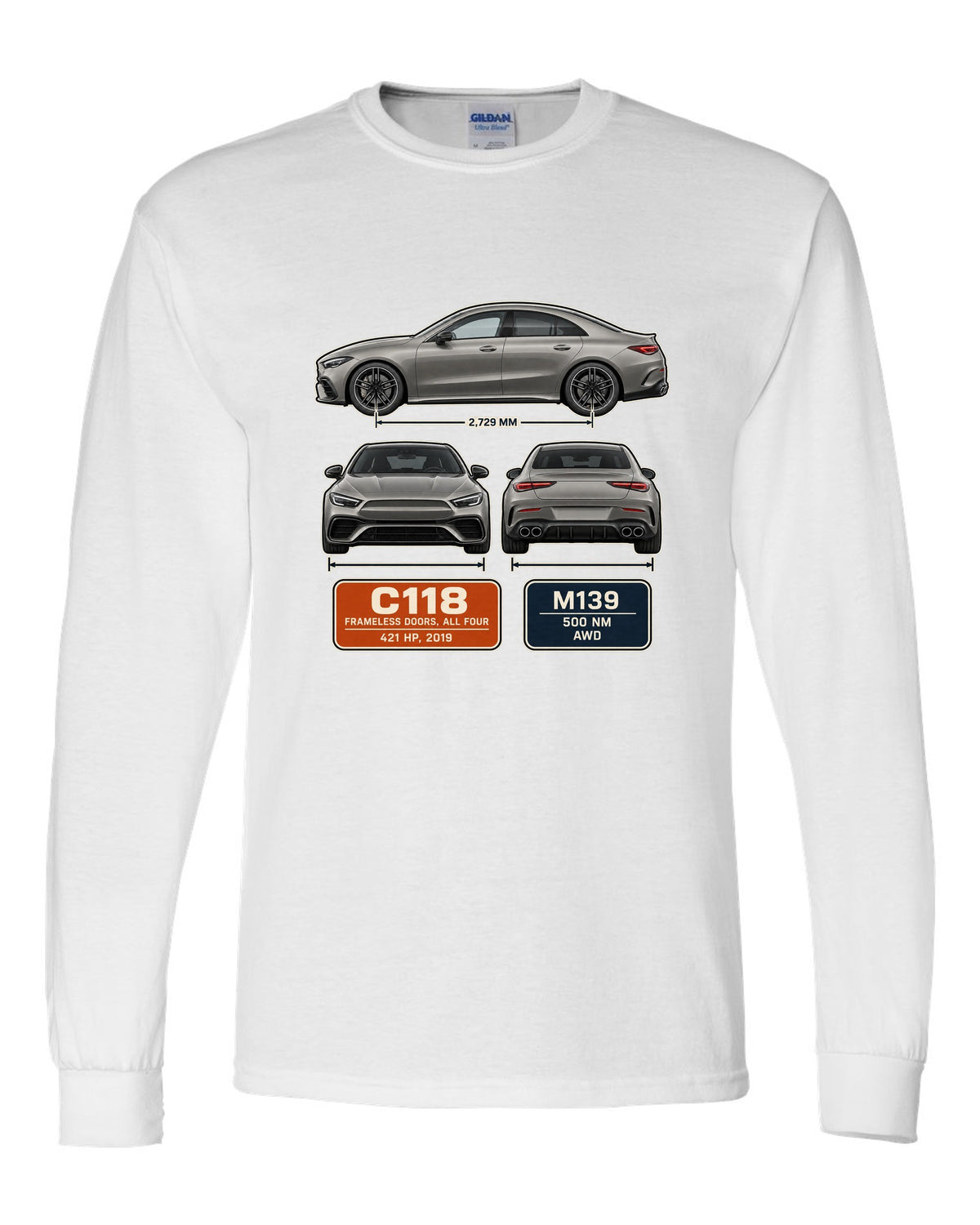 Mercedes-AMG CLA 45 S C118 four-door coupe three-view spec print white long sleeve front view with the design