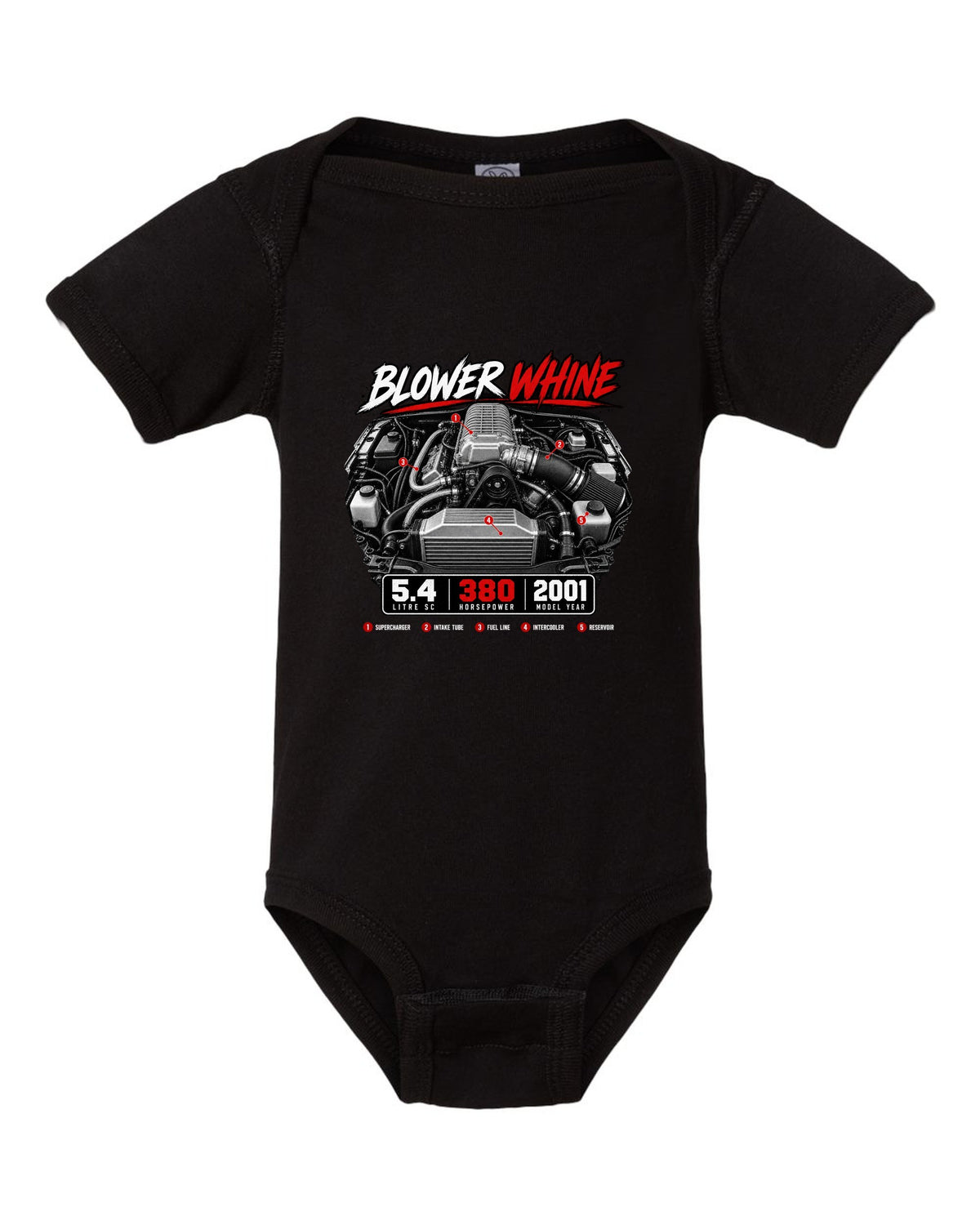 Ford F-150 SVT Lightning 1999-2004 engine hero print with blower whine and 5.4 SC black baby onesie front view with the design